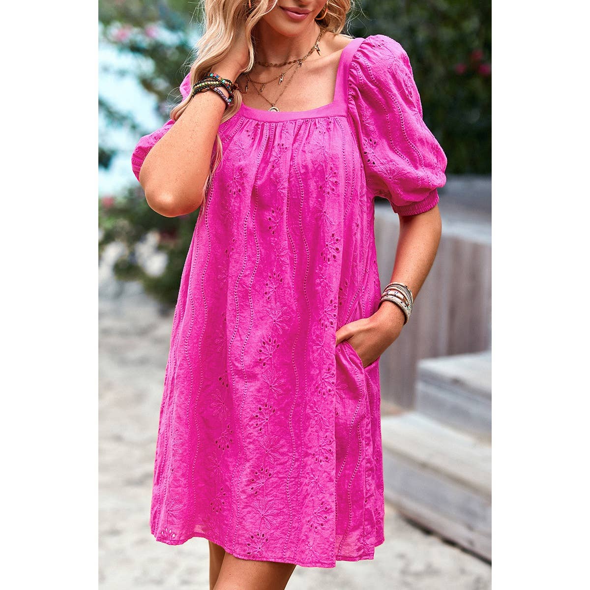 Square Neck Short Bubble Sleeve Babydoll Dress: WHITE / XL