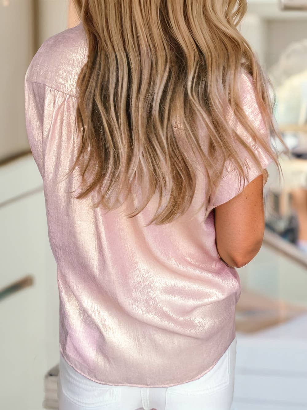 Metallic Buttoned Loose Fit Short Sleeve Shirt: Delicacy / M