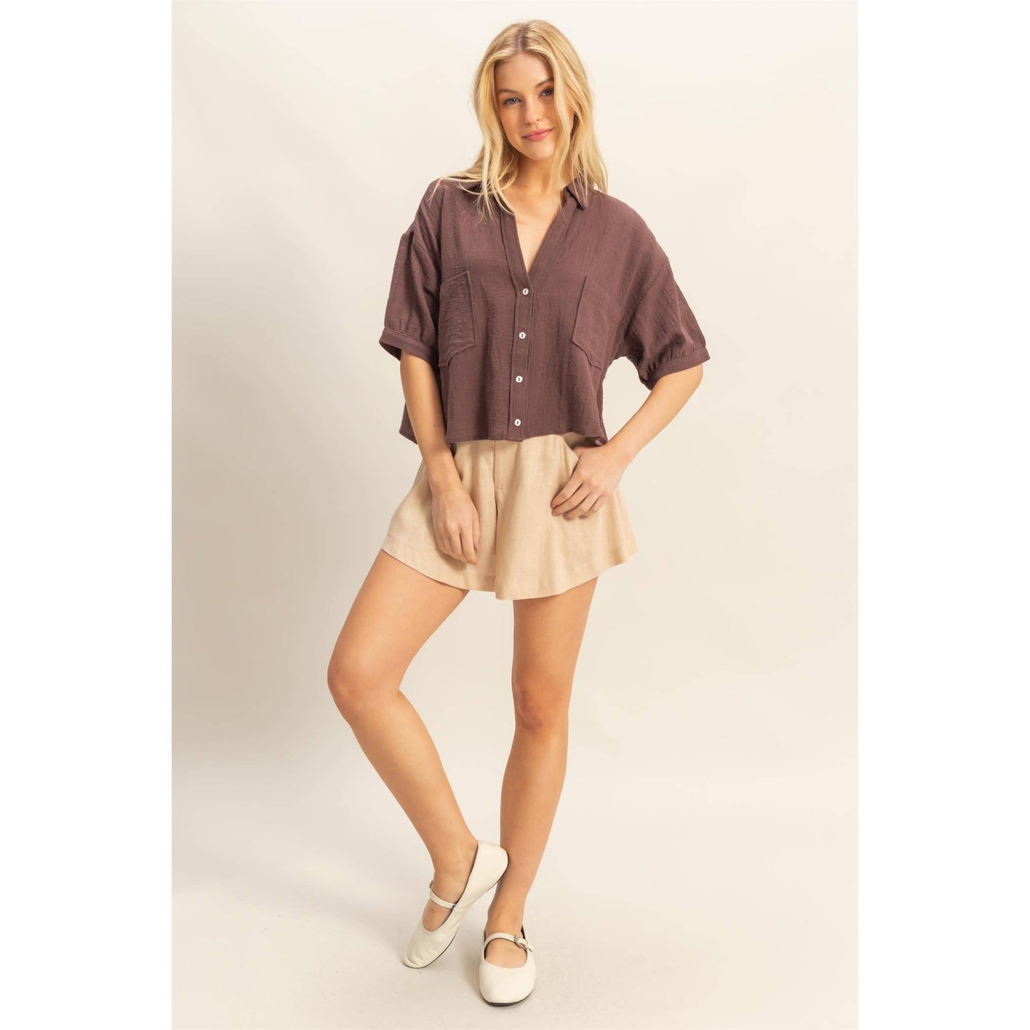 HF25A652-Linen Mid-Rise Flared Shorts: WHITE / S-M-L(2-2-2)