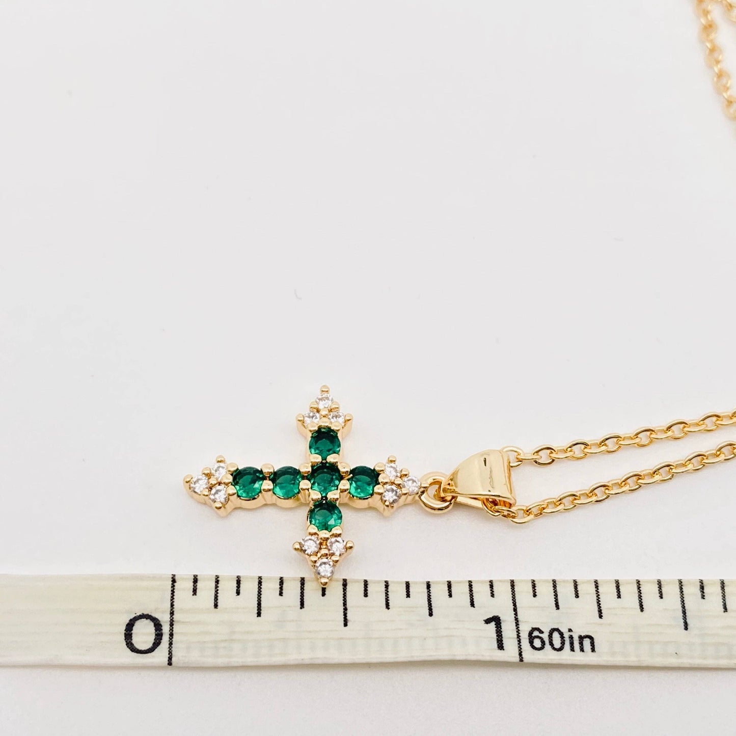 Colorful Cubic Zirconia Cross Pendant Necklace: Green