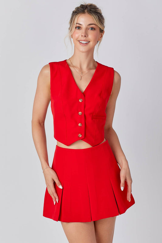 Gameday Front Button Closure Vest pleats Skort Set : RED / M