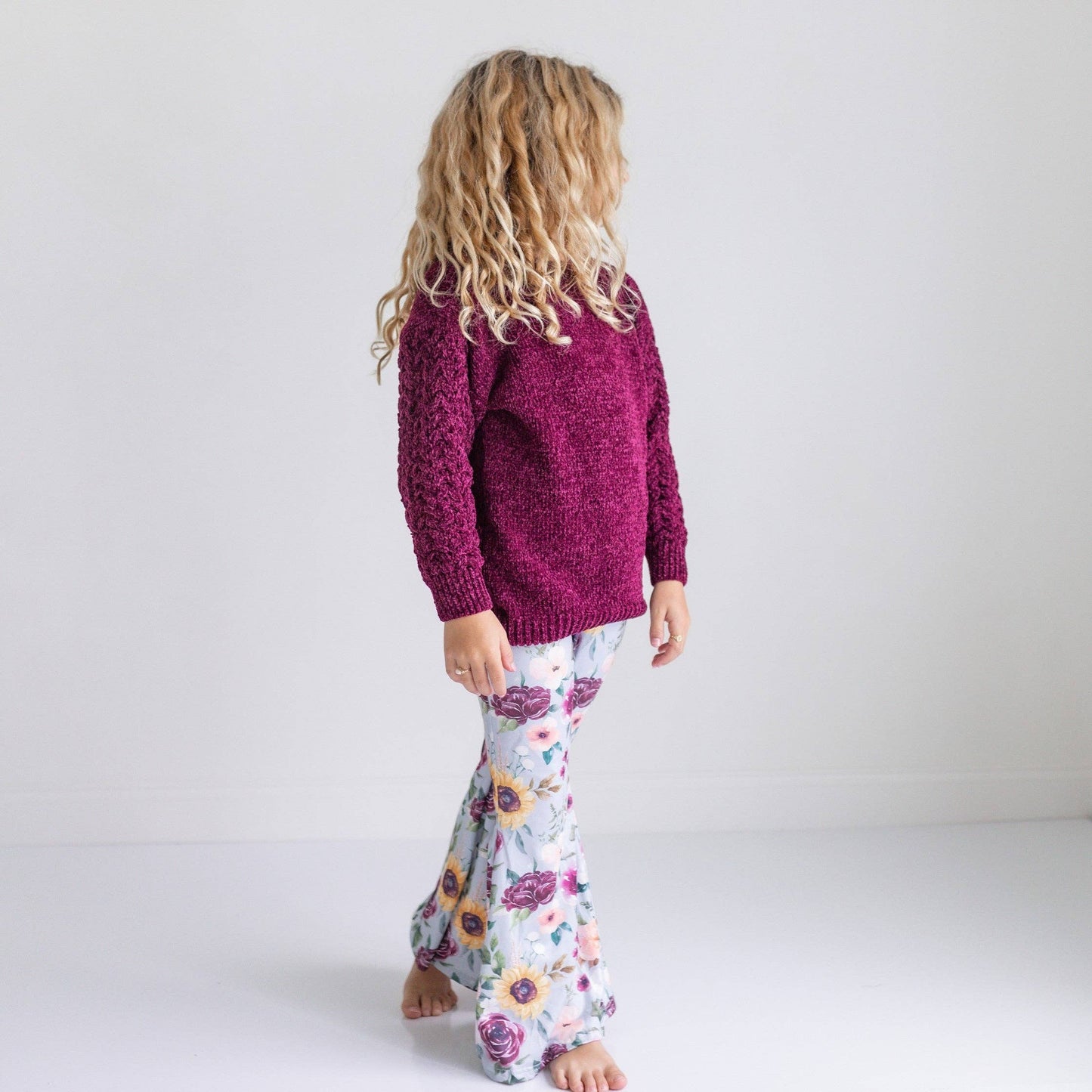 Kids Long Sleeve Plum Sweater & Sage Floral Bell Bottom Set: 7/8