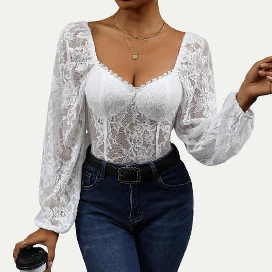 Flirty and Elegant Sheer Lace Long Sleeve Bodysuit: Black
