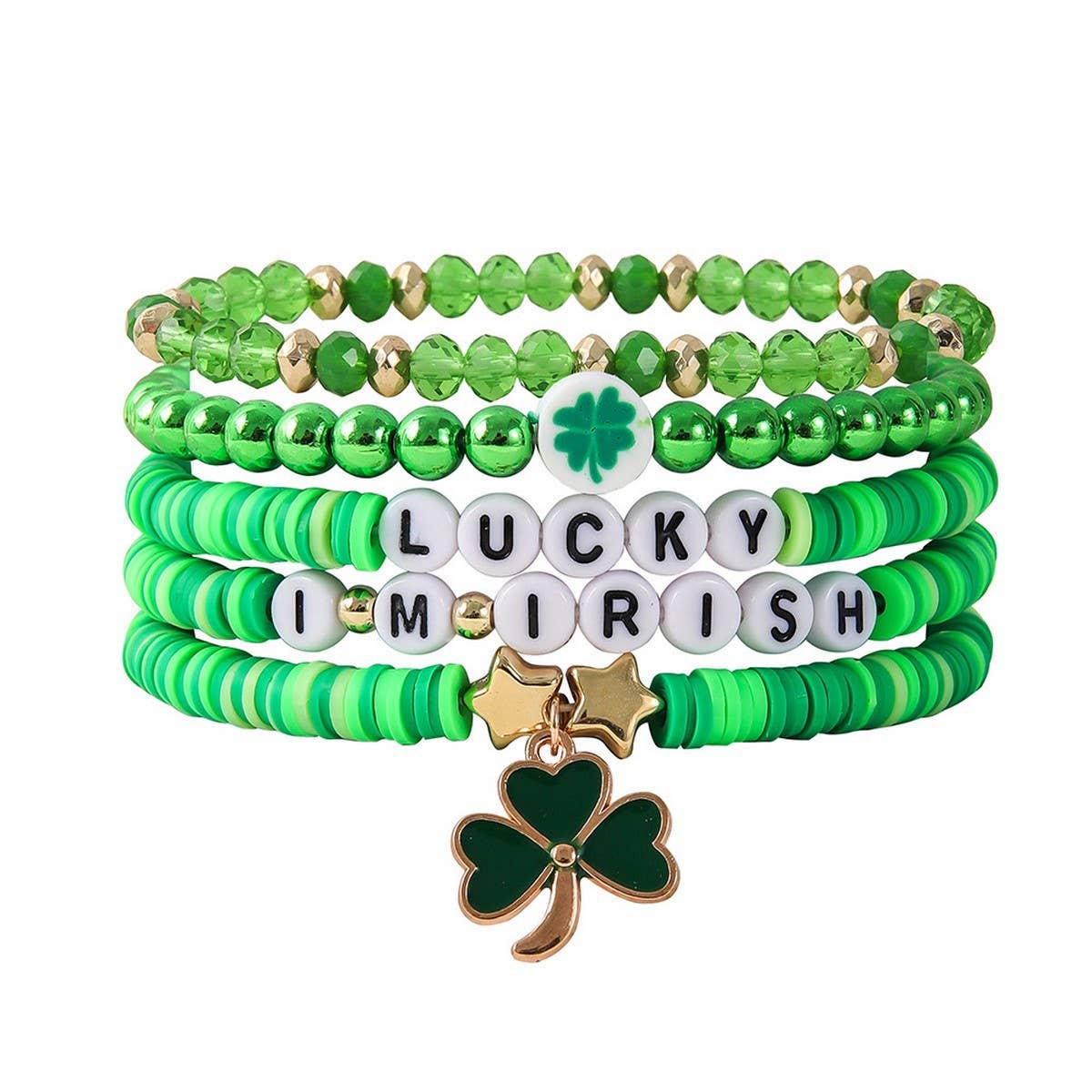 ST PATRICKS DAY GREEN SHAMROCK CHARM BRACELET SET_CWMM3496: Green / OS