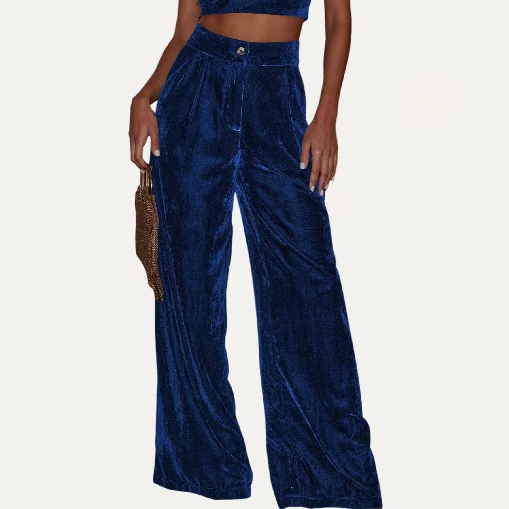 Chic Solid Velvet High-Rise Wide Leg Trouser Pants: Red / XL
