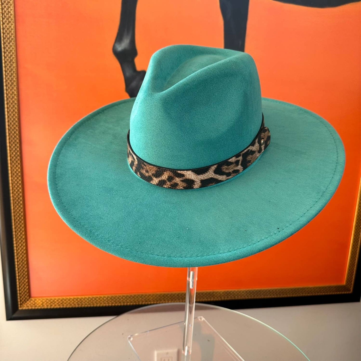 Wide Brim Suede Hat W/ Leopard printed belt: TEAL / ONE SIZE