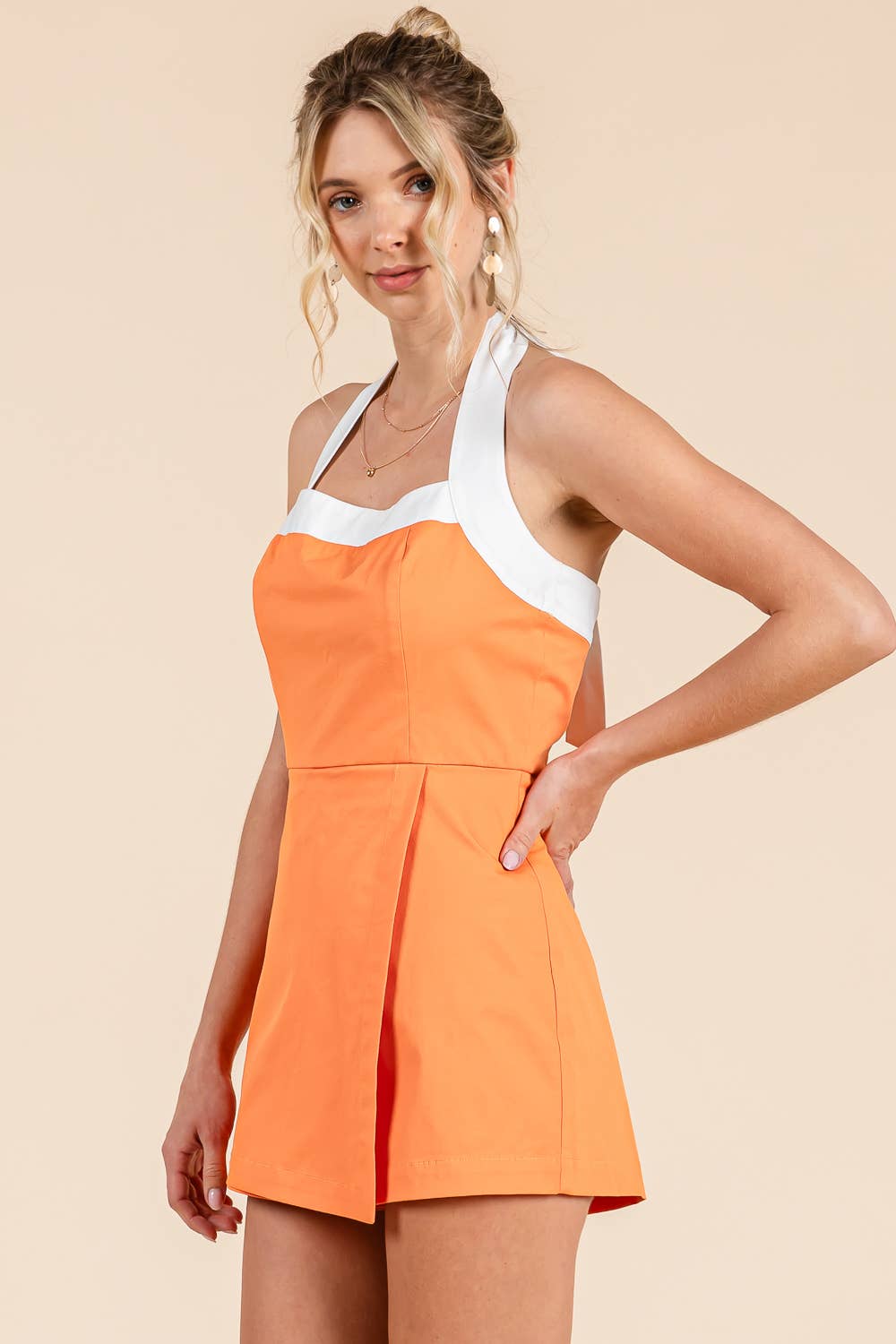 Gameday Halter tie neck playsuit with wrap detail to front: CRIMSON / S