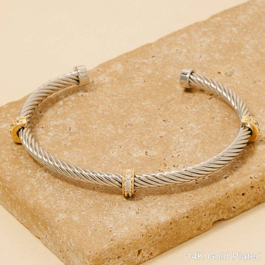 Two Tone Cz Station Rope Cuff Bracelet: T