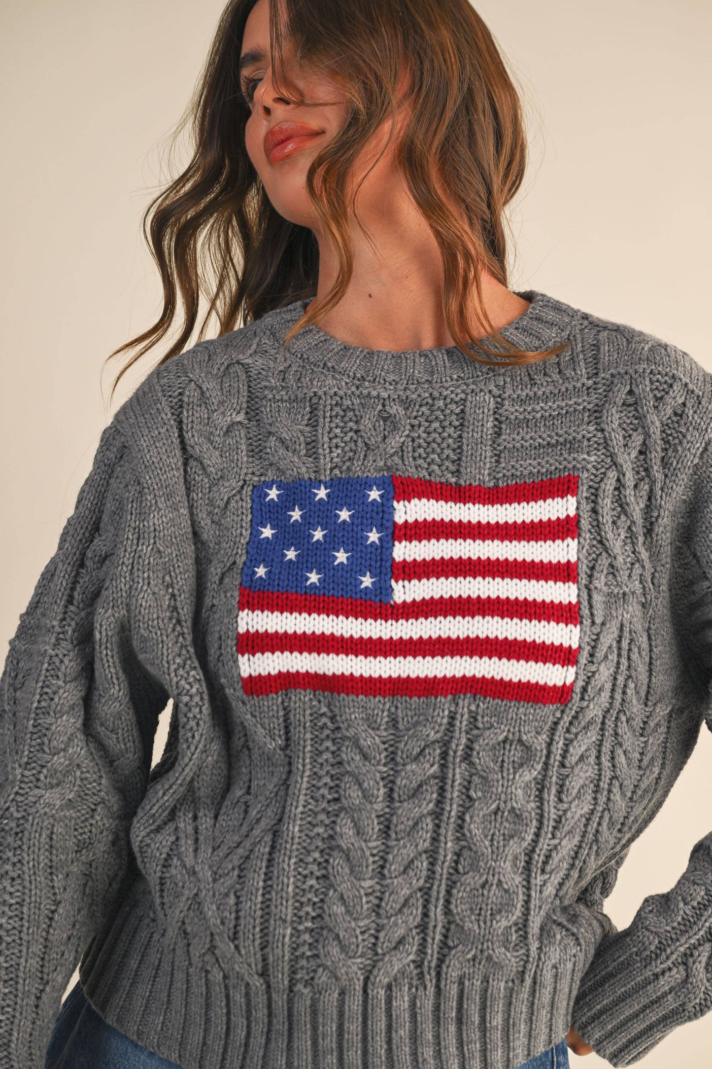IT4473 USA FLAG CABLE KNIT SWEATER: CREAM / L