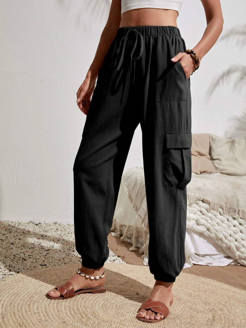Wash Water Crepe Pocket Casual Cargo Pants: Green / XL