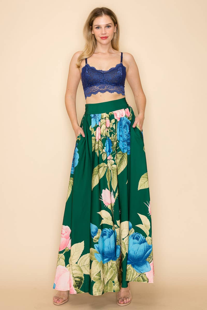 PRINTED MAXI SKIRT WITH POCKETS  : Green