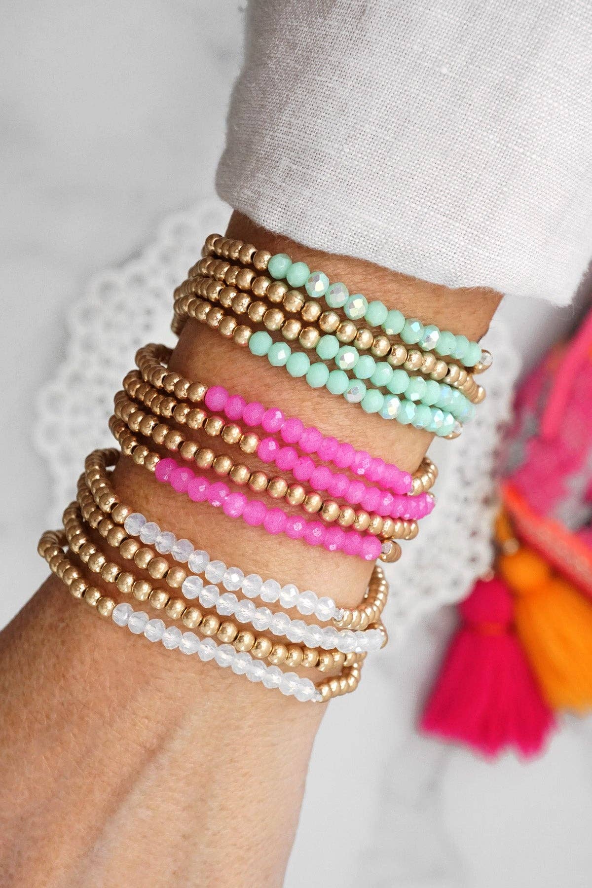 Bracelet stack Small Worn Gold Glass beads Pink Mint Denim: White