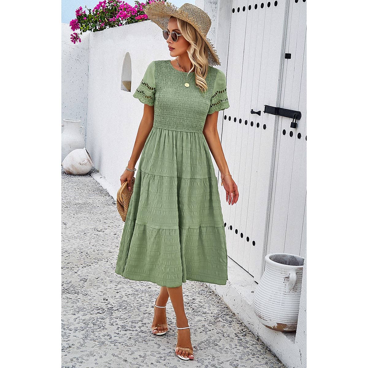 Lace Round Neck Ruched Fit Ruffle Solid Dress: WHITE / XL