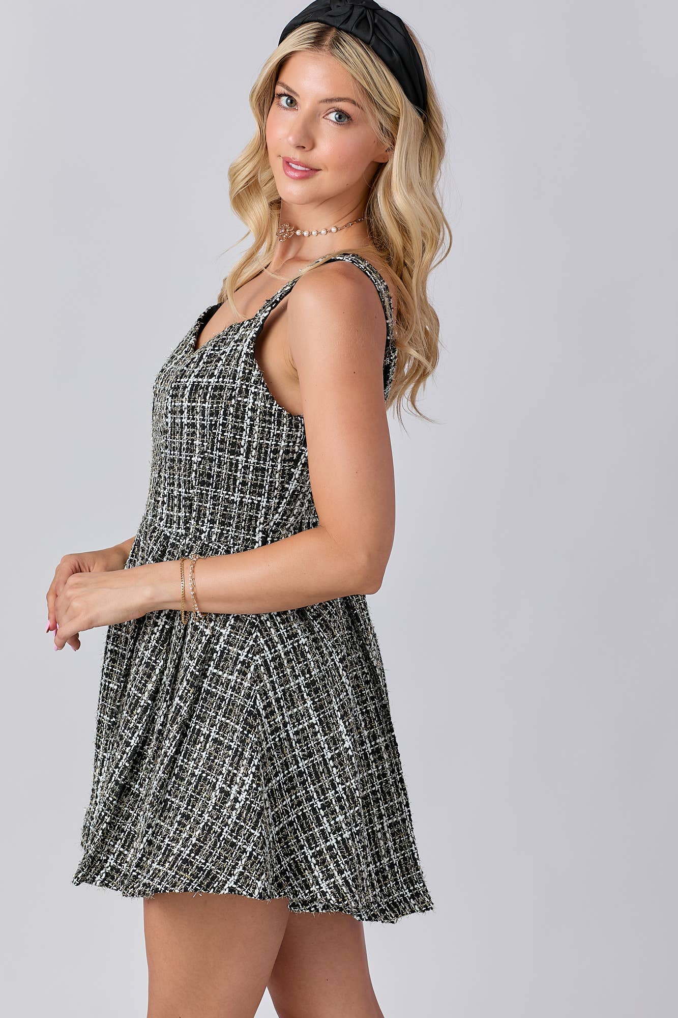 Tweed Fabric With Lurex Skort Style Romper: BLACK / S