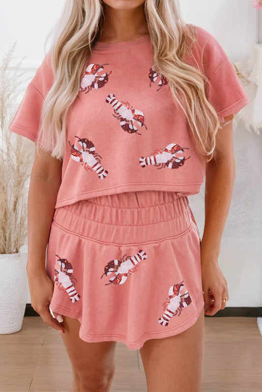 LDC Sequin Crawfish Graphic Cropped Tee Skort 2pcs Outfit: Blossom / XL