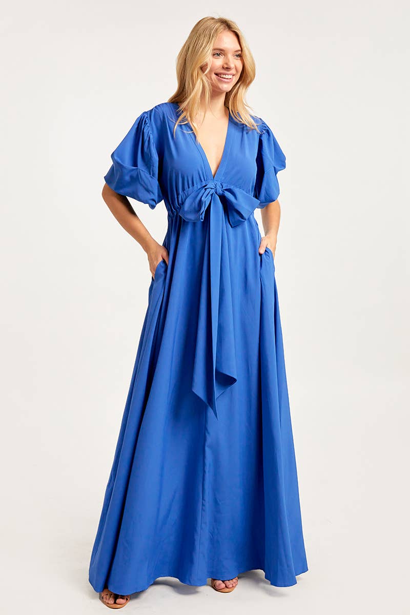 V NECK MAXI DRESS WITH PUFF SLEEVES: Green