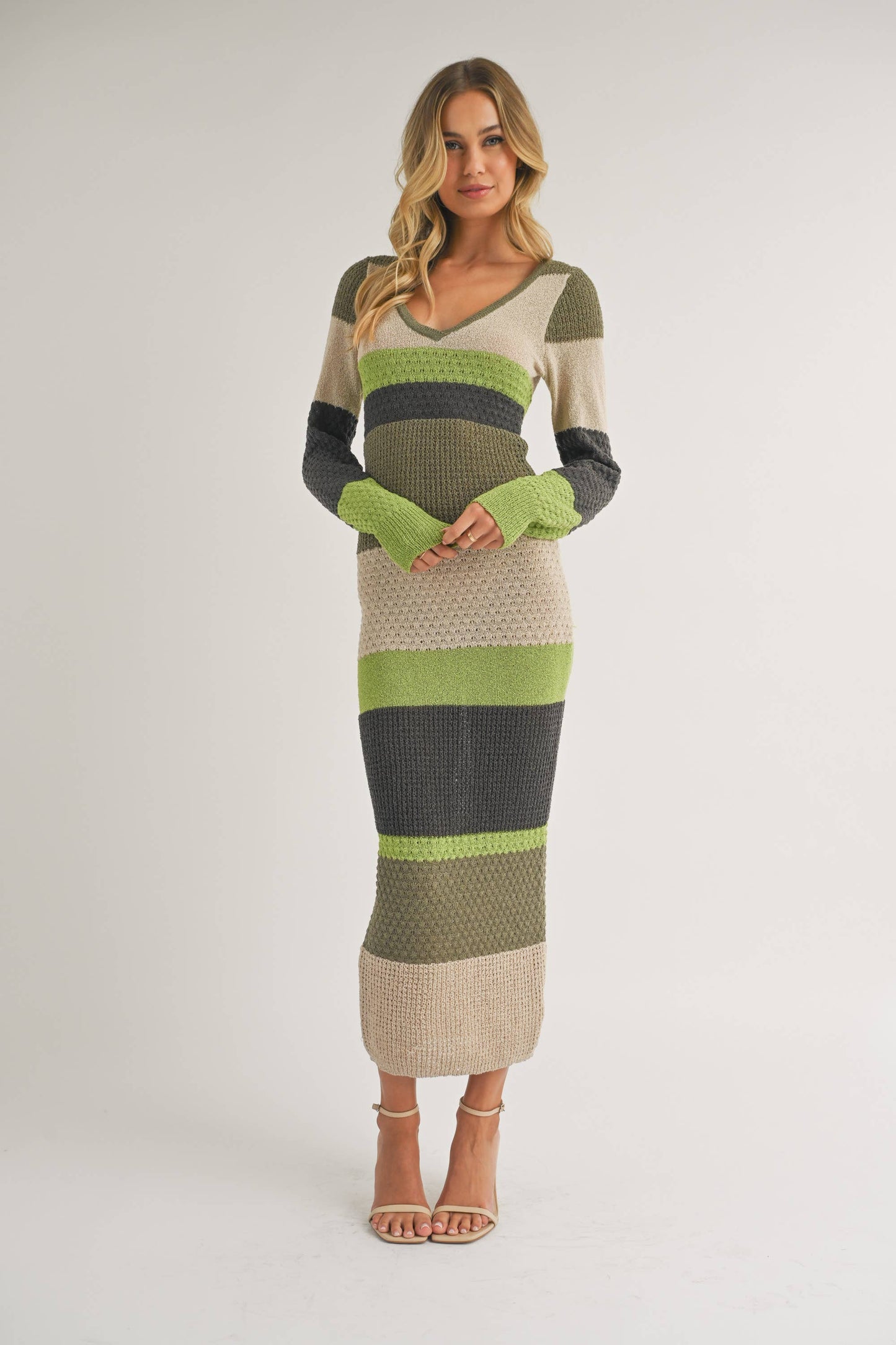 ID7261 - LONG SLEEVE COLORBLOCK SWEATER BODYCON MIDI DRESS: BROWN MULTI / M
