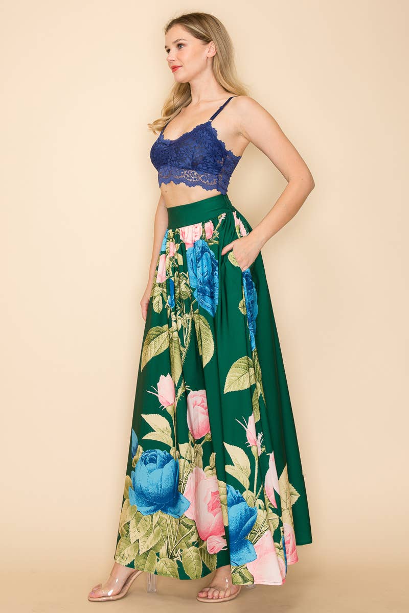 PRINTED MAXI SKIRT WITH POCKETS  : Green
