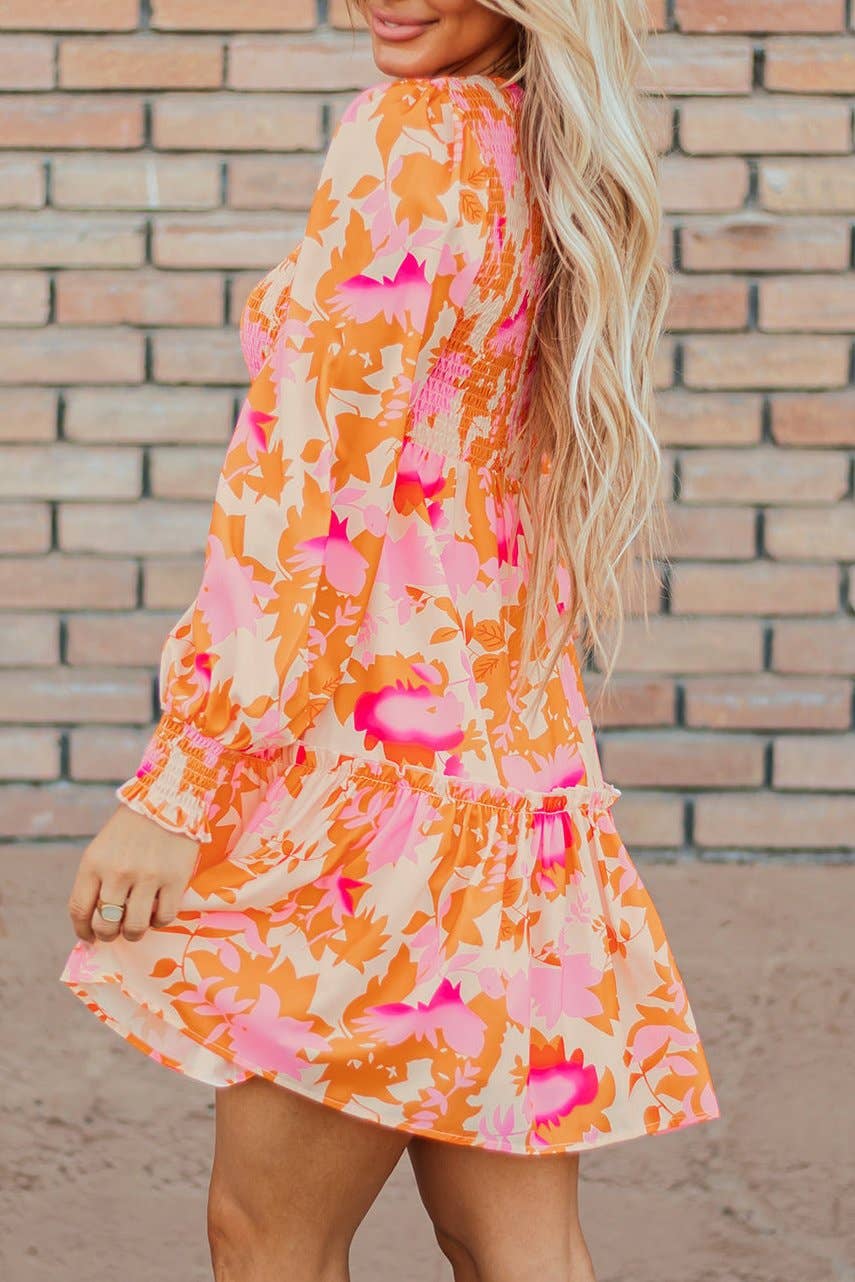 Abstract Lantern Sleeve Ruffle Mini Dress: Orange / L