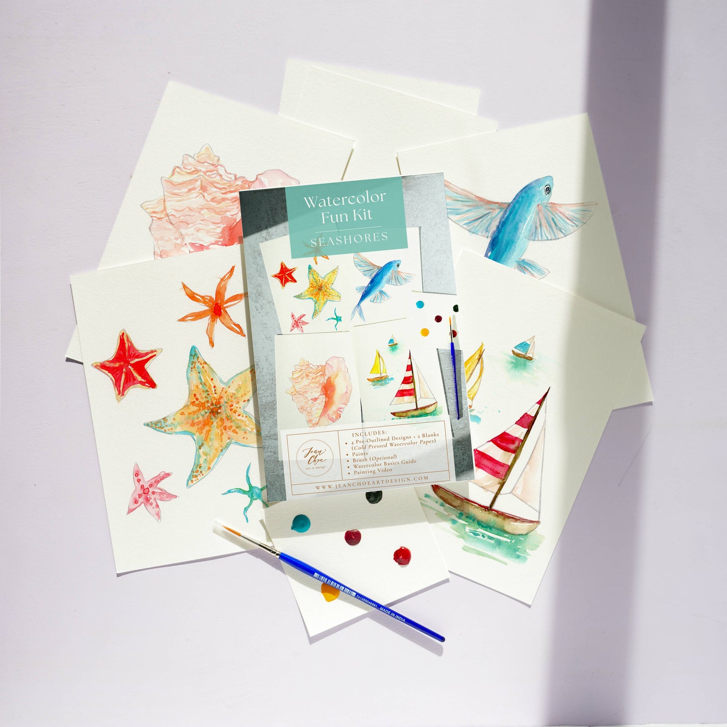Watercolor Painting Kit: Seashores, Outlined Sea Life & Sail