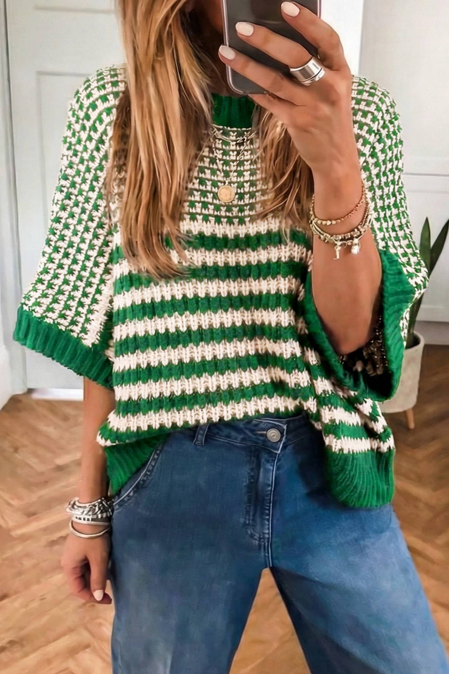 Spring 2026 St. Patrick Color Block 3/4 Drape Sleeve Sweater: Green Stripe / M