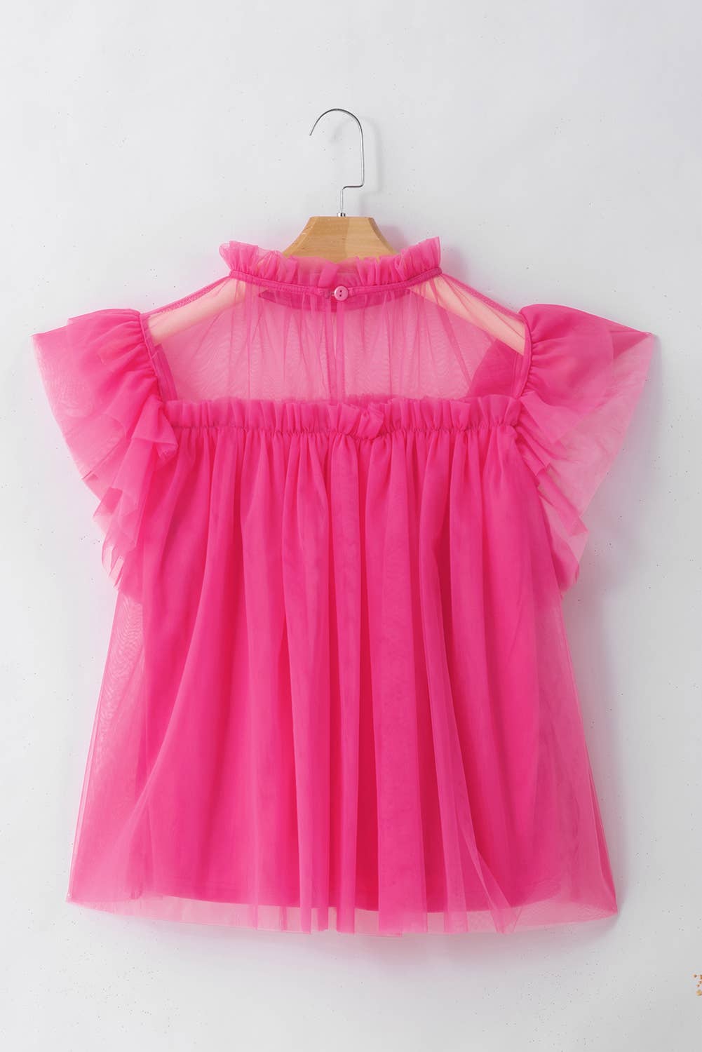 Pink Tulle Ruffle Sleeve Flared Babydoll Blouse: Pink / M