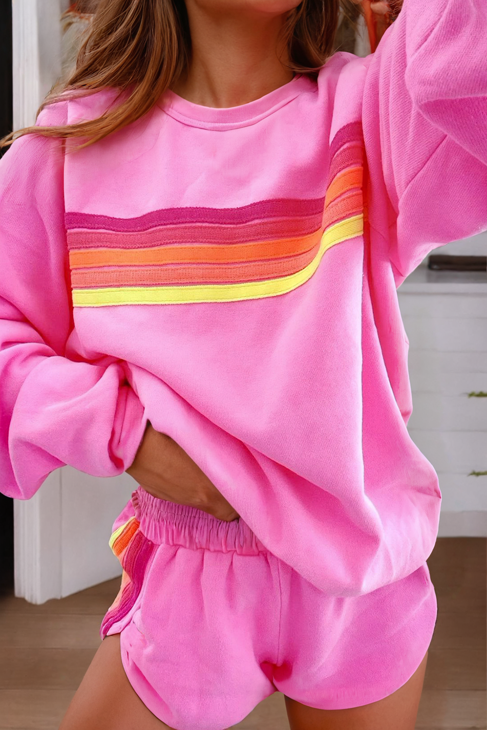 LDC Color Contrast Trim Long Sleeve Top and Shorts Set: Apricot / S