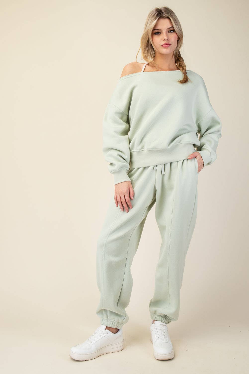 FRENCH TERRY FLEECE OFF SHOULDER SWEATSHIRT: Eucalyptus / S-M-L(2-2-2)