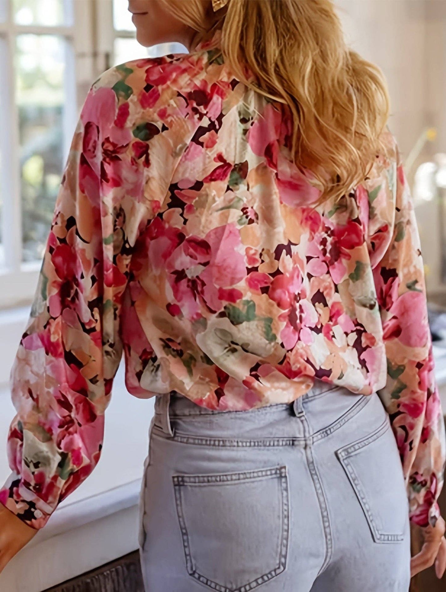 Loose lazy style printed crew neck shirt: Pink / (XL) 1