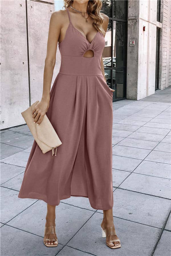 SZ1-DR0035 Ruched Cut Out Tank Dress with Front Slit: Green / M