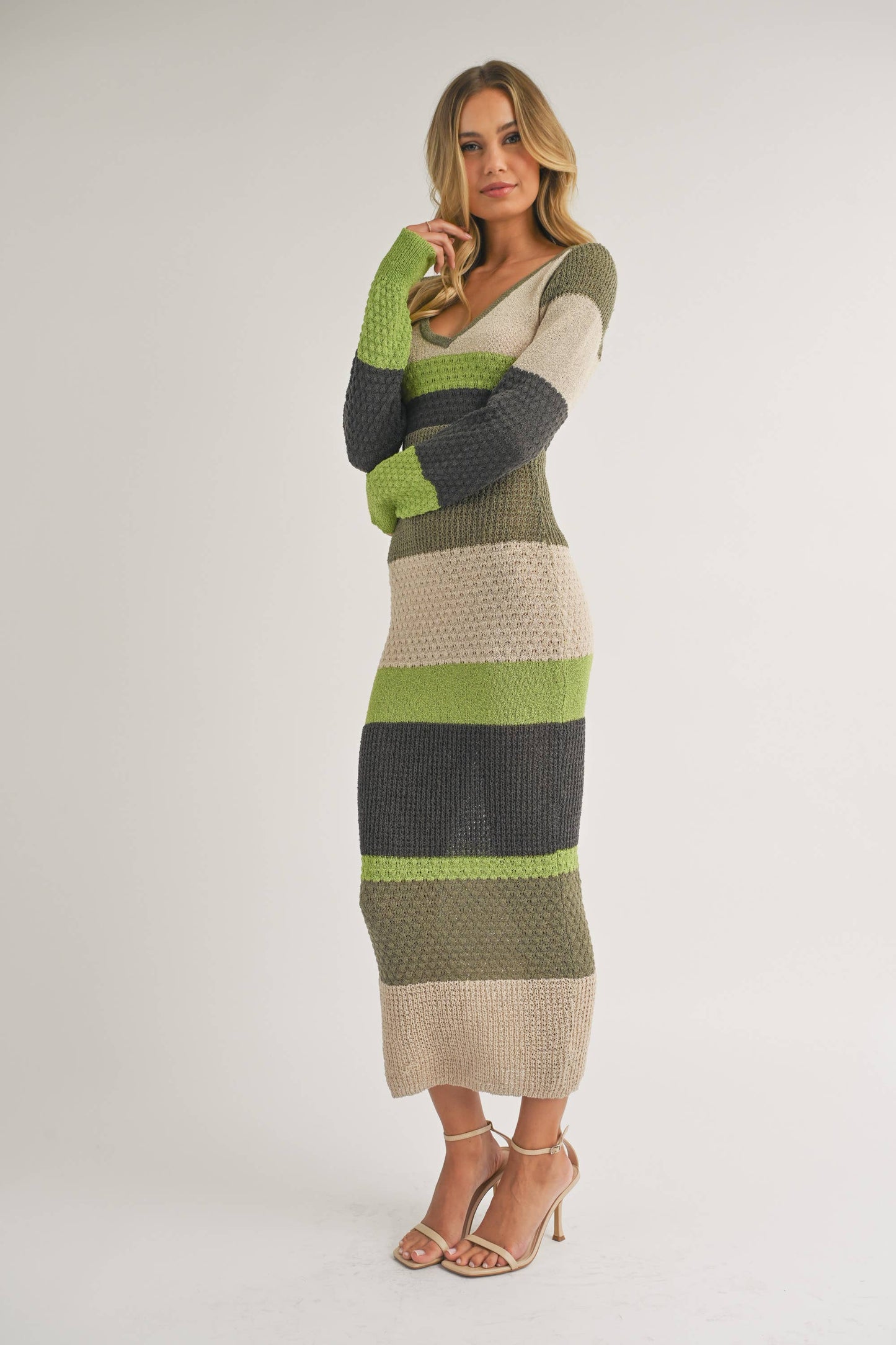 ID7261 - LONG SLEEVE COLORBLOCK SWEATER BODYCON MIDI DRESS: BROWN MULTI / M