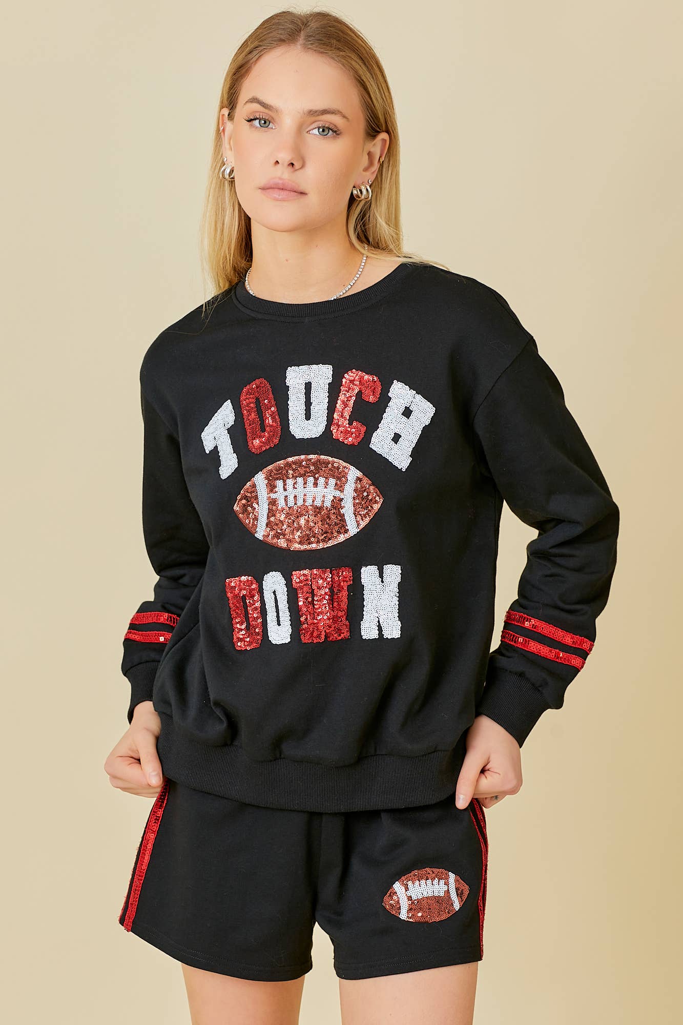 Game Day Touch Down Sequin Sweatershirts: BLACK / S