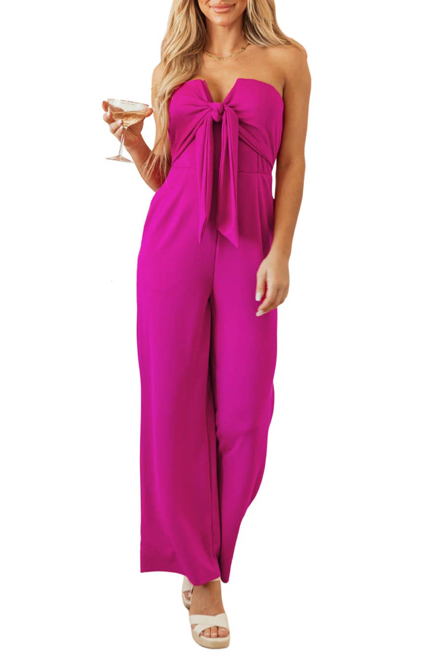 Bow Strapless Wide Leg Jumpsuit: Bright Pink / L