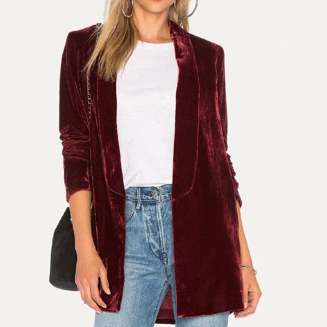 Trendy Velvet Solid Open Front Lightweight Blazer: Dark Red / L