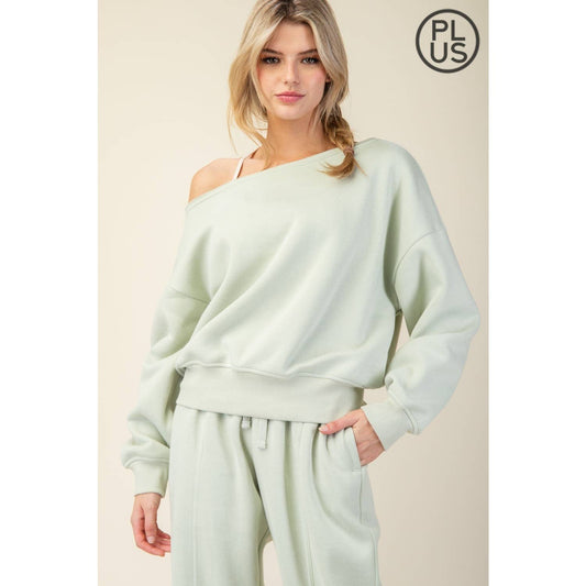 PLUS SIZE FRENCH TERRY FLEECE OFF SHOULDER SWEATSHIRT: Eucalyptus / 1X-2X-3X(3-2-1)