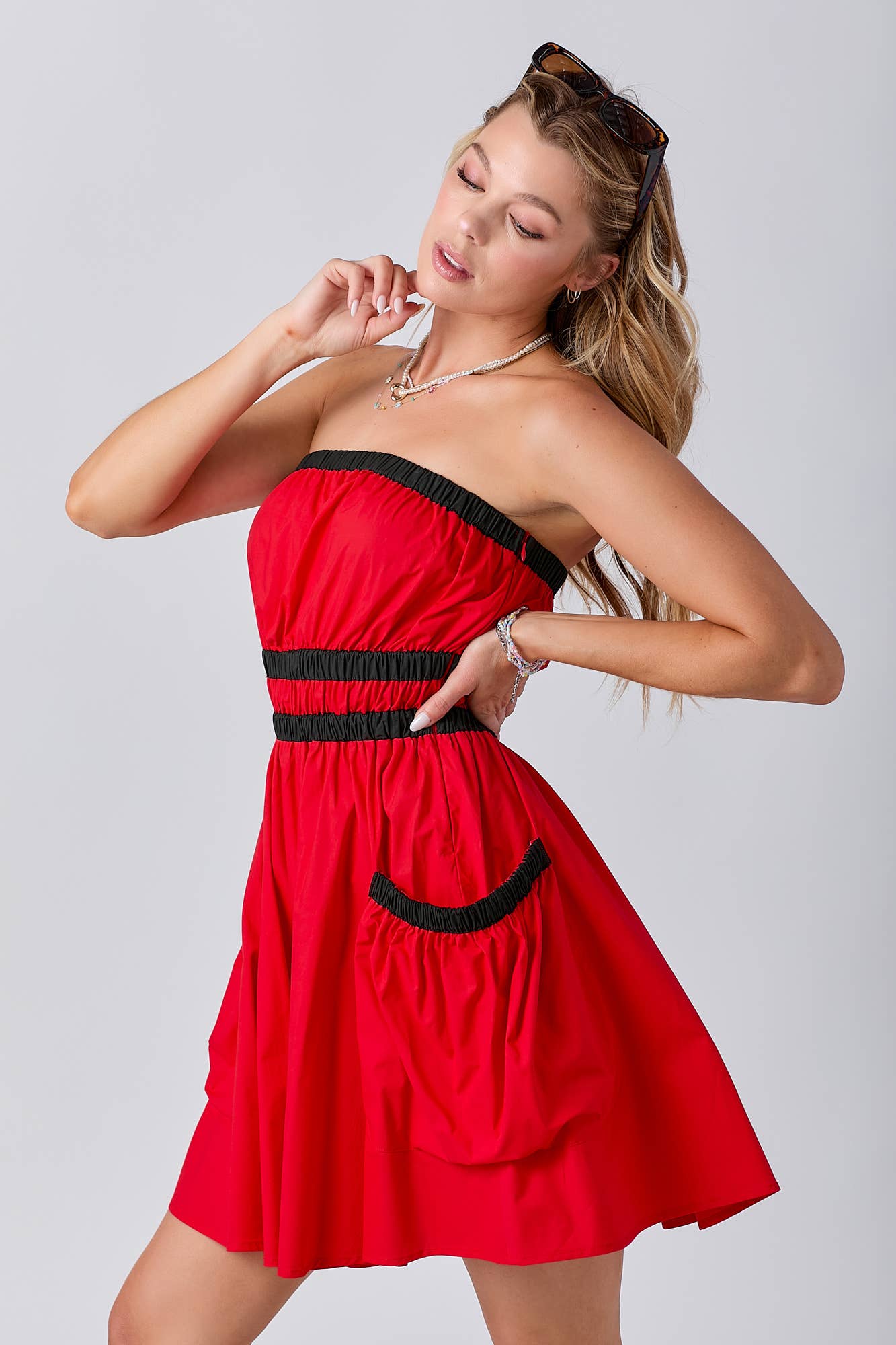 Gameday Contrast Gathered Over Sized Pocket Tube Dress : RED/BLK / S