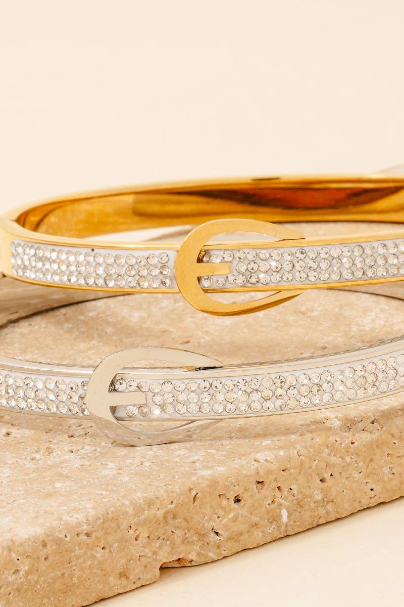 Stainless Steel Pave Belt Style Hinge Bangle Bracelet: G