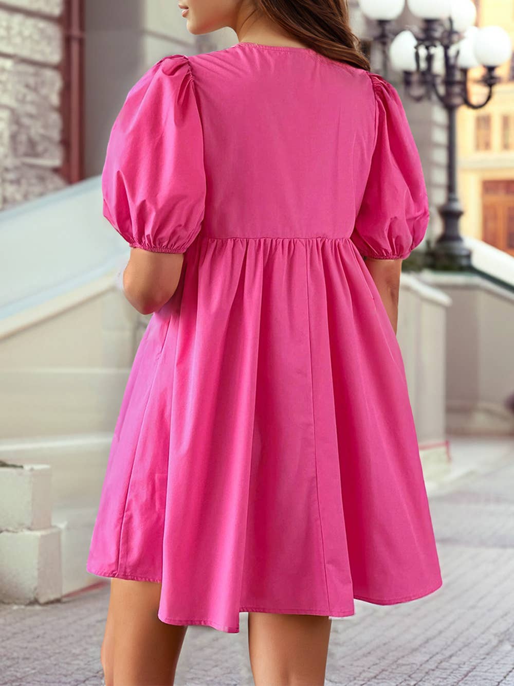 Tie Front Puff Sleeve Mini Dress: Bright Pink / S
