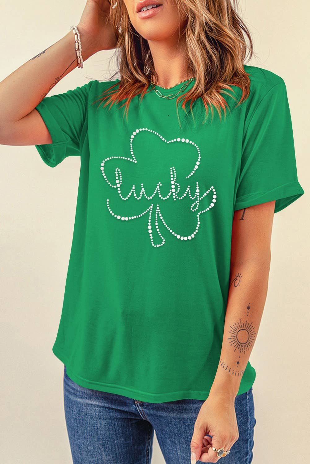 St. Patrick Rhinestone Lucky Clover Round Neck Tee | S-3XL: Bright Green / L