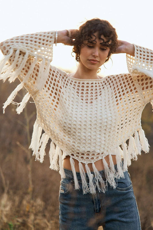Boat Neck Fishnet Sweater with Fringe detail: Cream / L