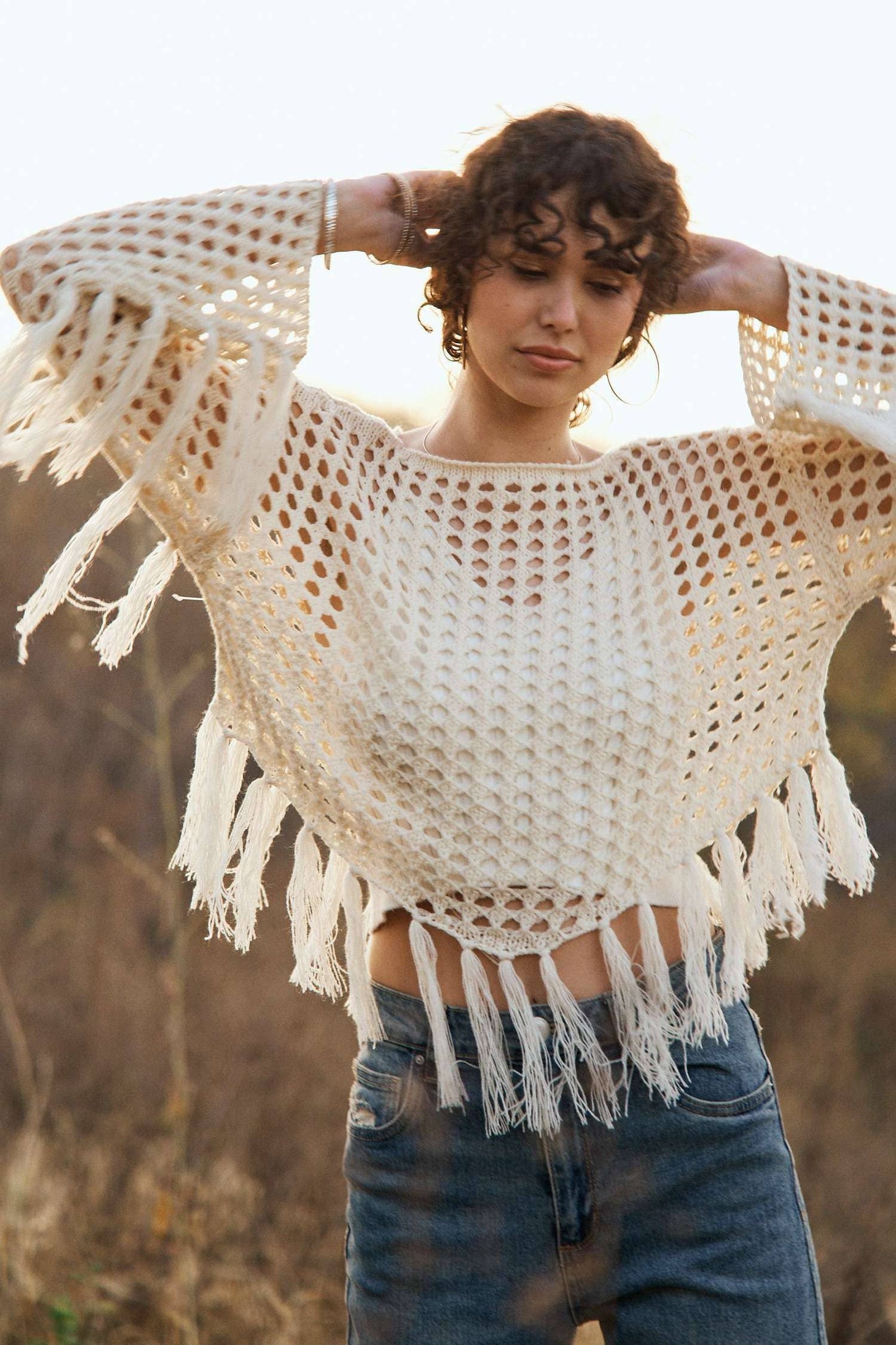 Boat Neck Fishnet Sweater with Fringe detail: Cream / S