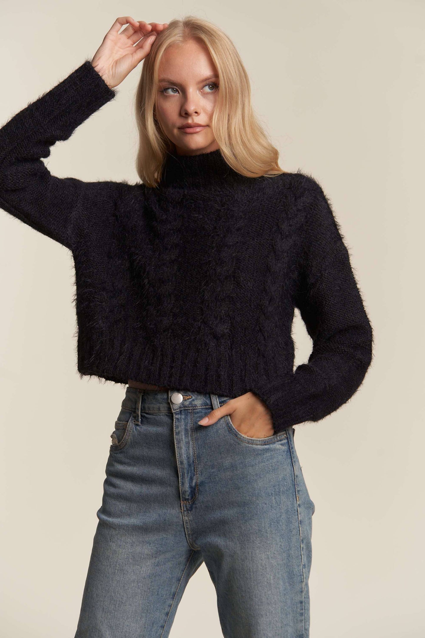 FUZZY FUR  LONGSLV TURTLE NECK CABLE KNIT SWEATER: BLACK / L