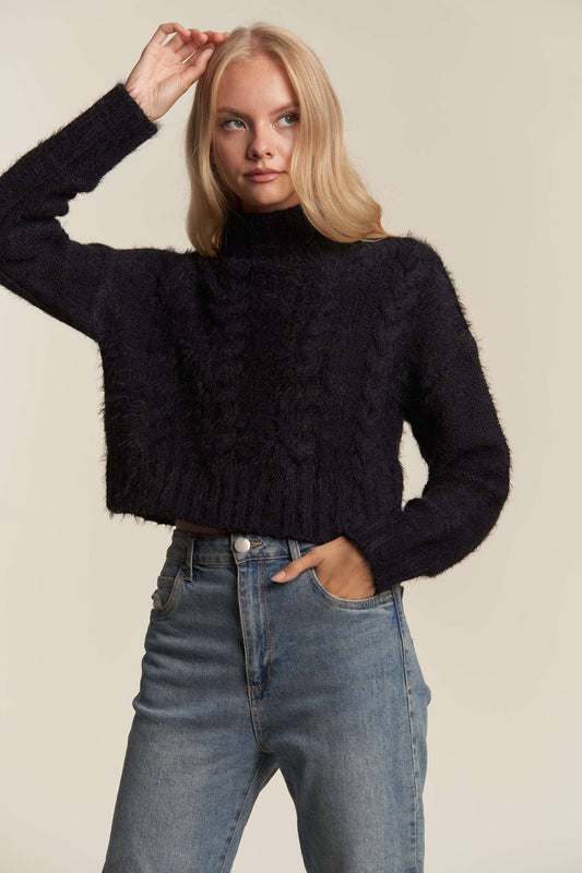 FUZZY FUR  LONGSLV TURTLE NECK CABLE KNIT SWEATER: BLACK / M