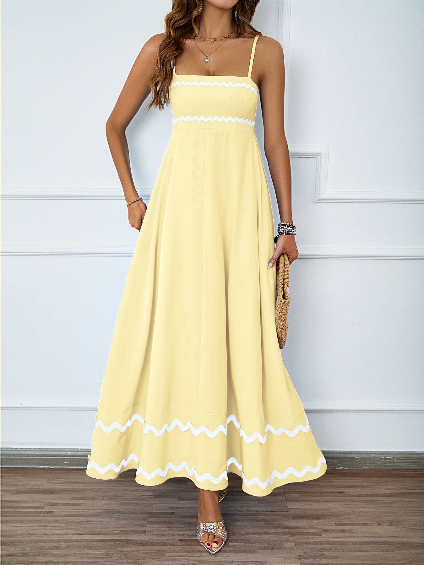 Summer Lace Patchwork Strap Bandeau Swing Maxi Dress: Blue / M