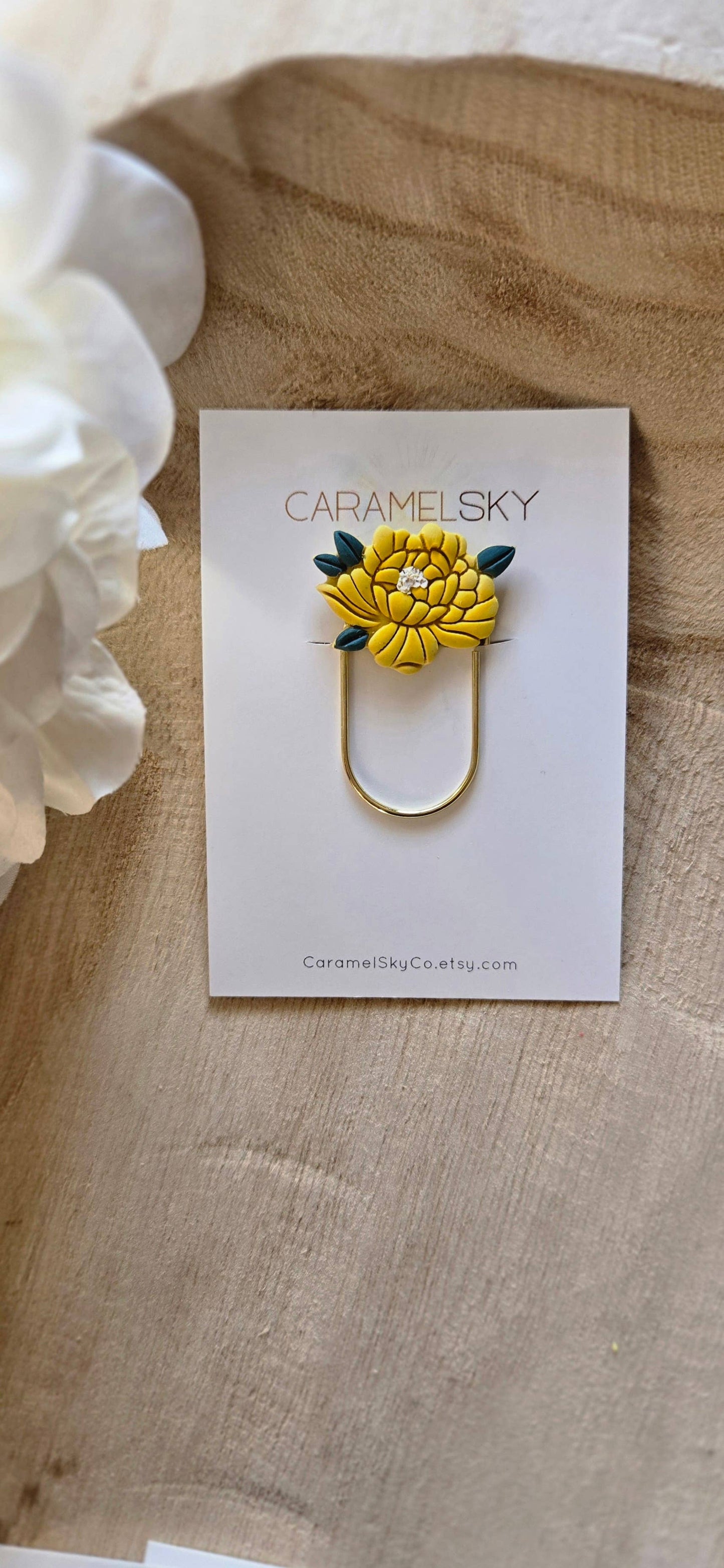 Handmade Peony Flower Paperclip Bookmark, Clay Bookmark: Yellow