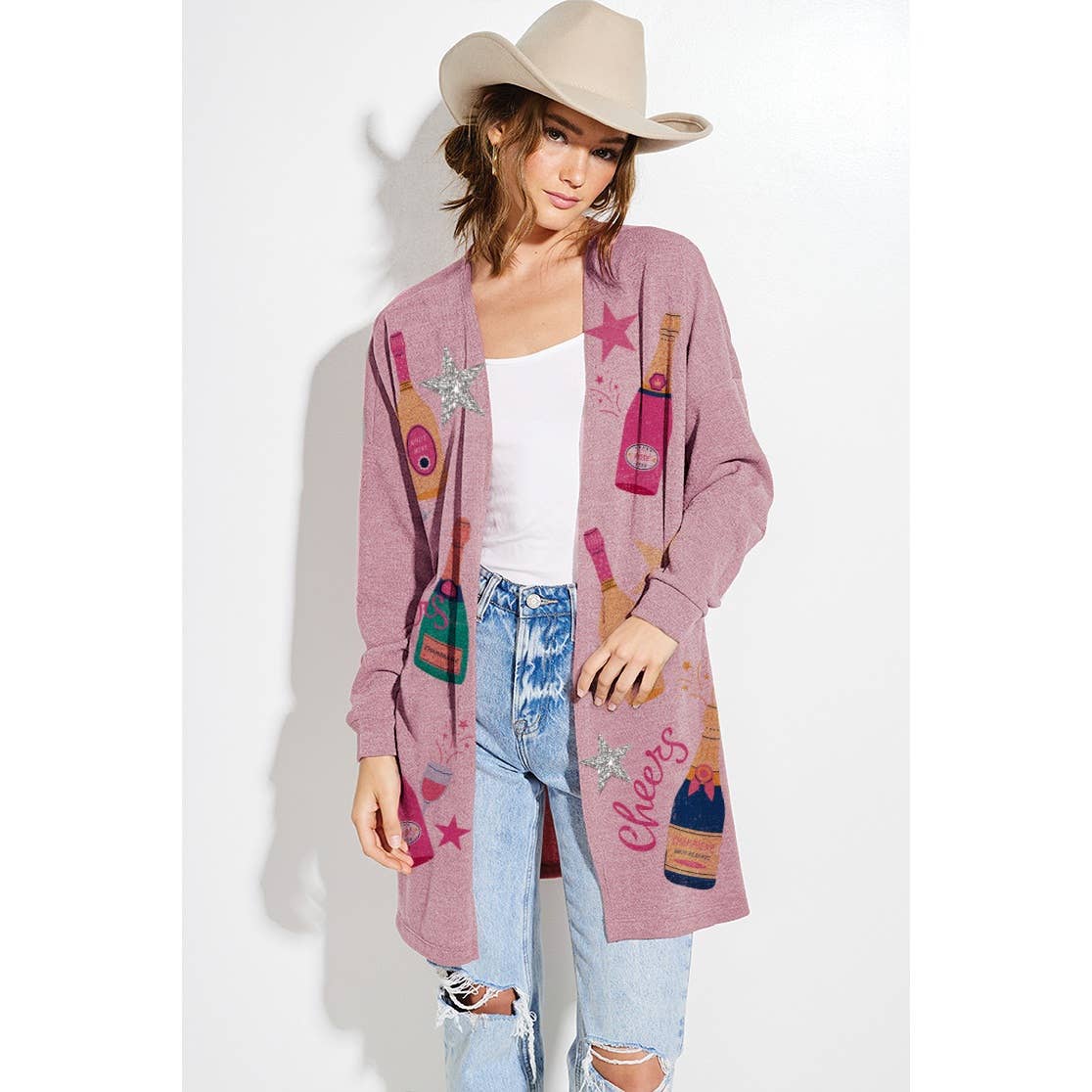 Holiday Cheers Glitter print Knit Cardigan: KHAKI / S