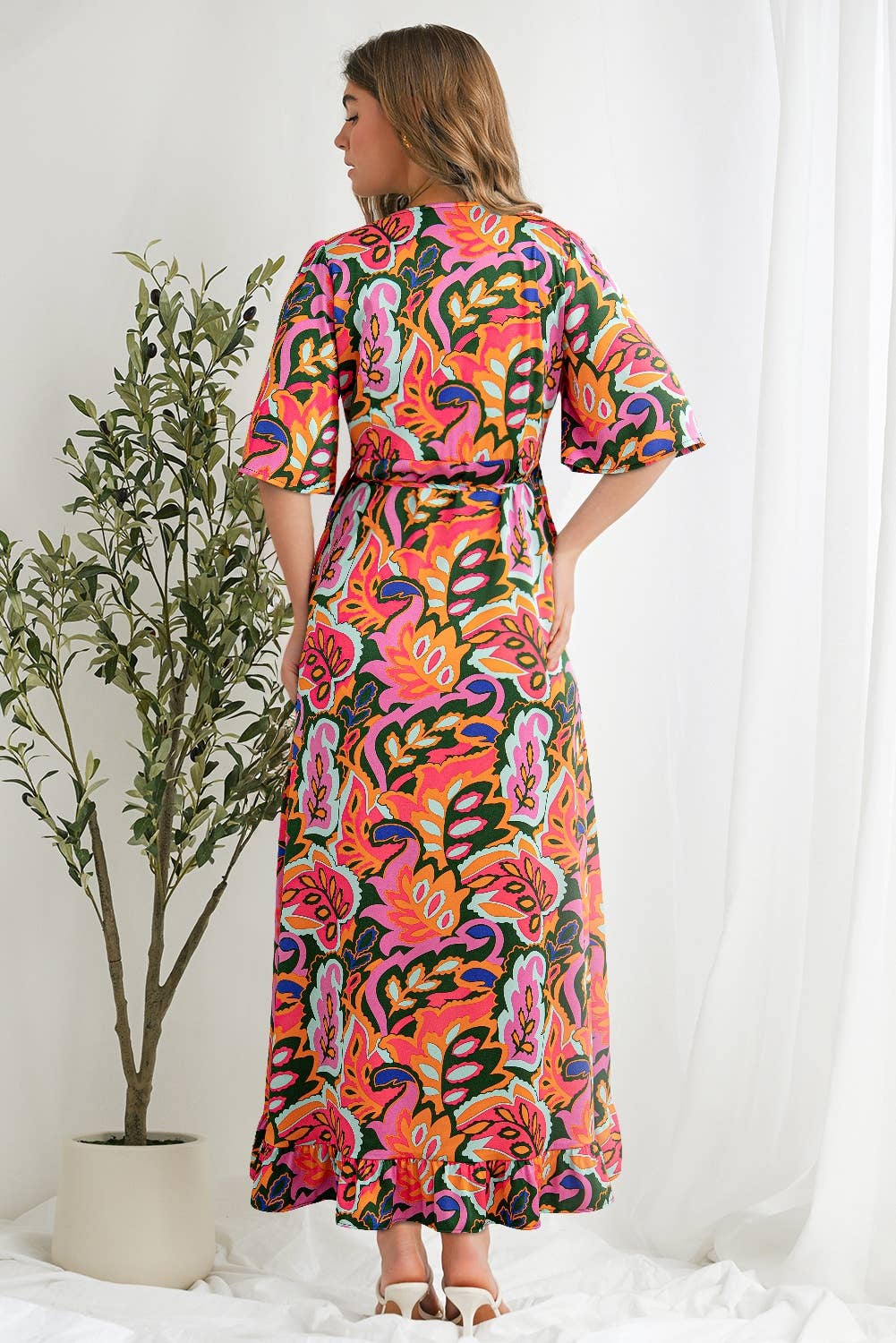 Tropical Print V Neck Asymmetric Slit Maxi Dress | S-XL: As shown / Missy / L